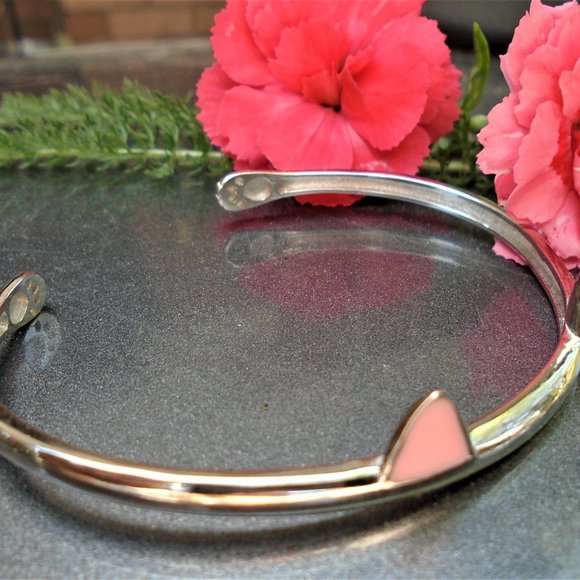 Adorable Cat Kitten Pink Ears 925 Sterling Silver Bangle Bracelet Cute Paw Cuff - Picture 3 of 4